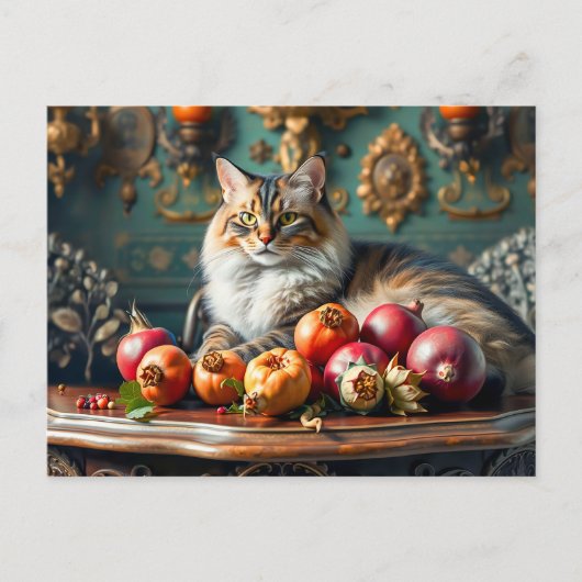 猫クラシックと果物の・スティルライフ ポストカード (正面)
