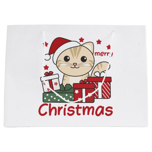猫クリスマスギフト冬の動物ネコ大きな贈り物 ラージペーパーバッグ (正面)