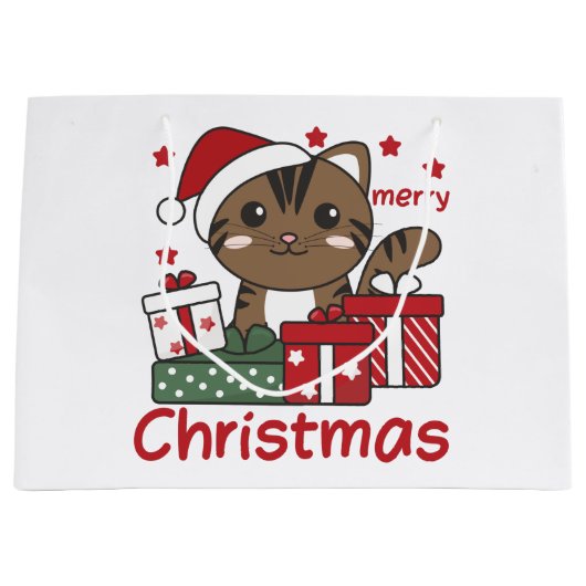 猫クリスマスギフト冬の動物ネコ大きな贈り物 ラージペーパーバッグ (正面)