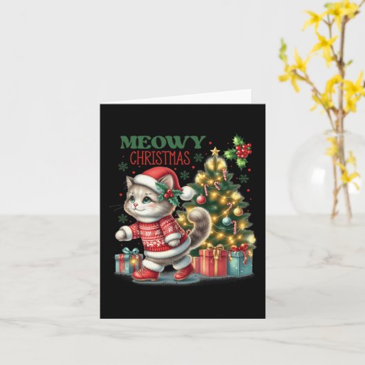 猫クリスマスサンタハットと木おもしろいの雌猫 カード (黄色い花)