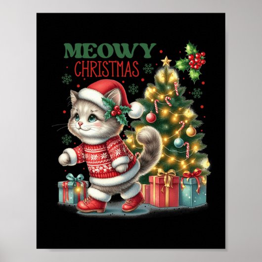 猫クリスマスサンタハットと木おもしろいの雌猫 ポスター (正面)