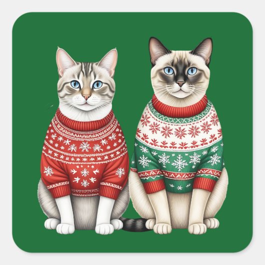 猫クリスマスステッカー、虎猫、シャム猫 スクエアシール (正面)