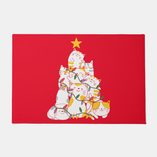 猫クリスマスツリーおもしろい猫クリスマス ドアマット (正面)