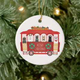 猫クリスマストロリーのクリスマス セラミックオーナメント