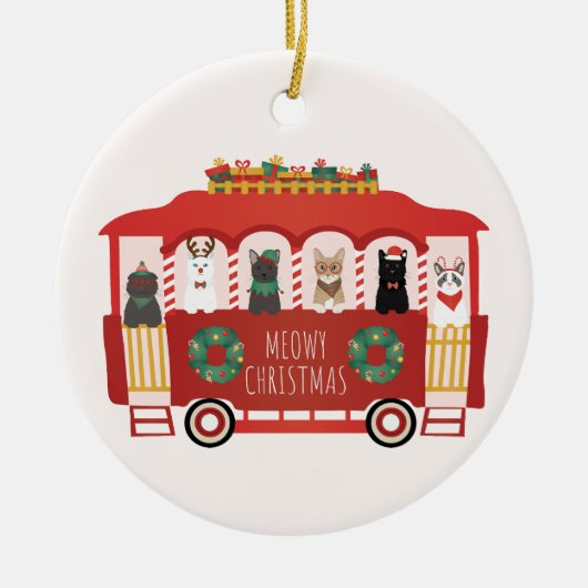 猫クリスマストロリーのクリスマス セラミックオーナメント (正面)