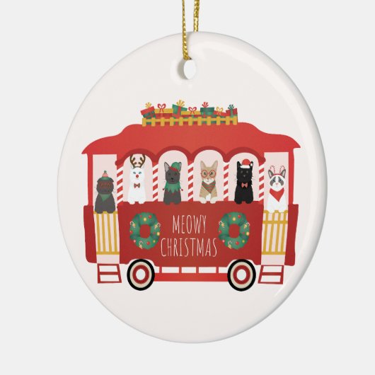 猫クリスマストロリーのクリスマス セラミックオーナメント (左)