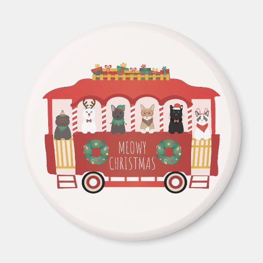 猫クリスマストロリーのクリスマス マグネット (正面)