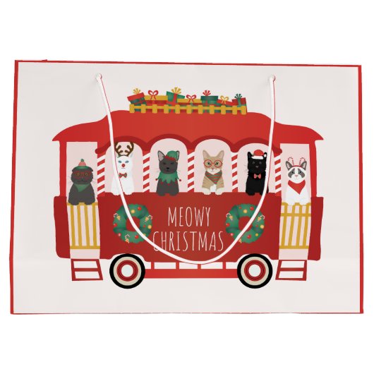 猫クリスマストロリーのクリスマス ラージペーパーバッグ (裏面)