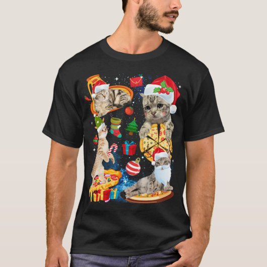 猫クリスマスライディングおもしろいピザ猫サンタ帽子Xm Tシャツ (正面)