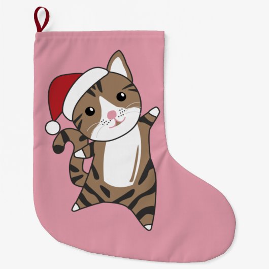 猫クリスマス雪の冬の動物の大きなクリス ラージクリスマスストッキング (正面)