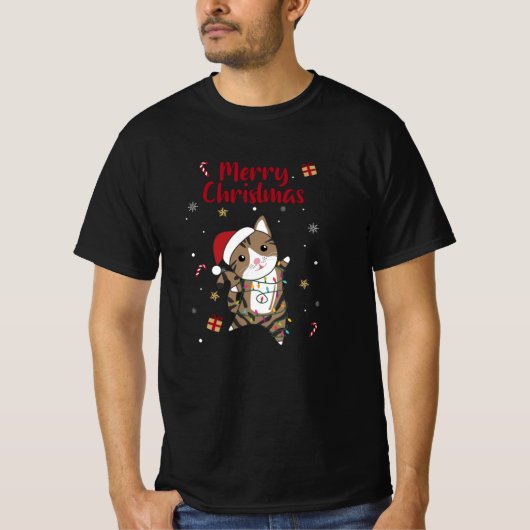 猫クリスマス雪の冬の動物 Tシャツ (正面)