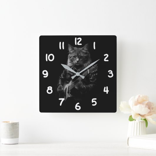 猫クールの遊エレキギター スクエア壁時計 (ホーム)
