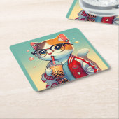 猫クール飲みボバ スクエアペーパーコースター (アングル)
