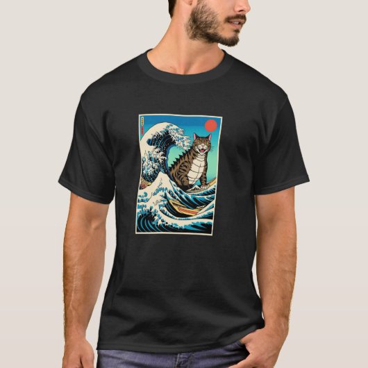 猫グッズ、浮世絵風、神奈川沖浪裏、 Tシャツ (正面)