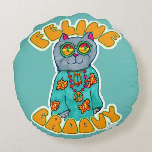 猫グルービーヒッピー猫マーカアートデザイン ラウンドクッション (裏面)