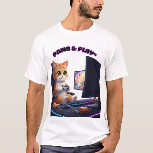 猫ゲーマー - パウズ&プレイ Tシャツ (正面)