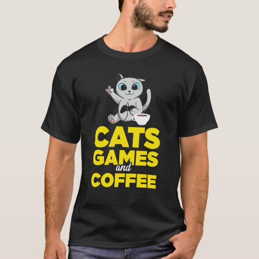 猫ゲームとコーヒー Tシャツ (正面)