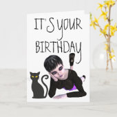 猫ゴシック付きエモ誕生日カード カード (黄色い花)