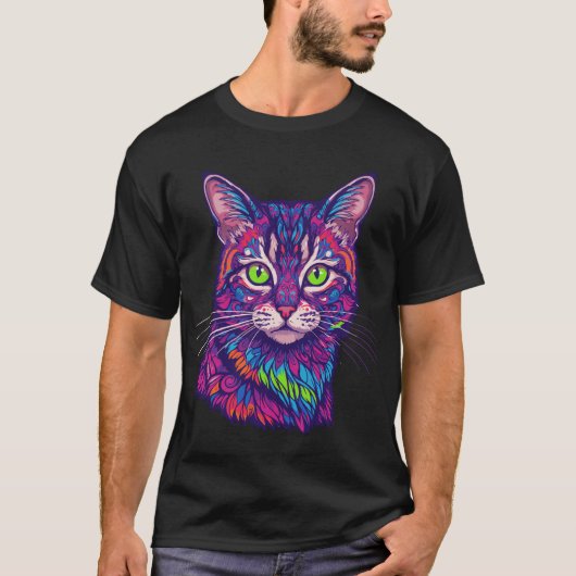 猫サイケデリックイラストレーション Tシャツ (正面)