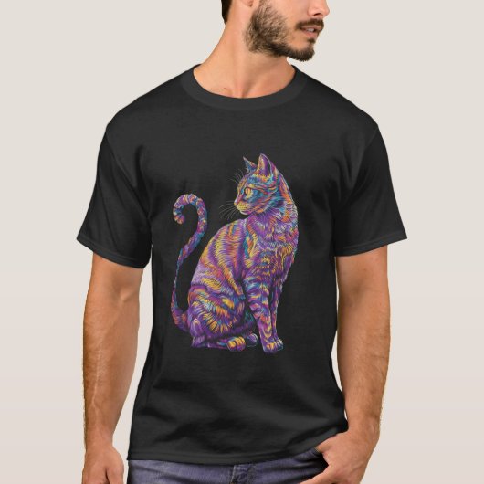 猫サイケデリック虹の色アートフラ鮮やかクタル Tシャツ (正面)