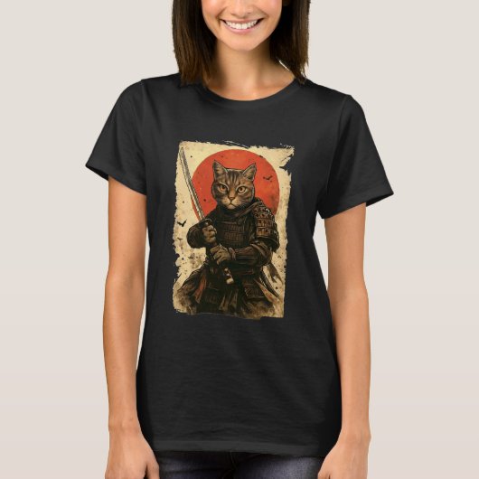猫サムライ ビンテージ 日本の武士 Tシャツ (正面)