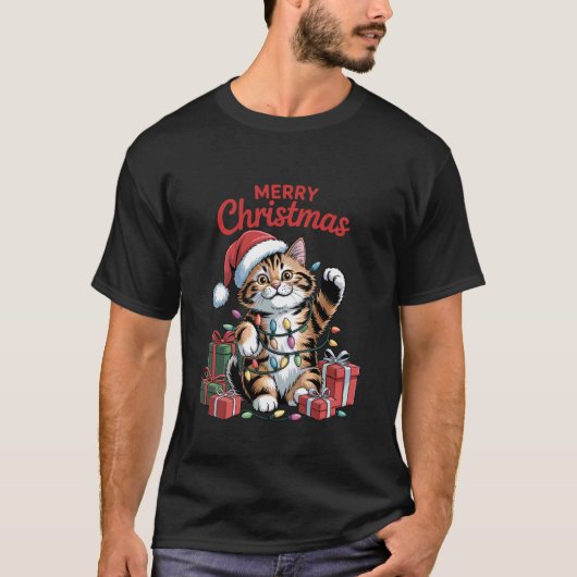 猫サンタ帽子クリスマスデザイン面白いペット好きHo Tシャツ (正面)
