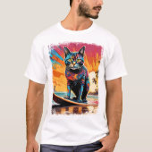 猫サーフィンかわいいカラフル漫画イラストレーション Tシャツ (正面)