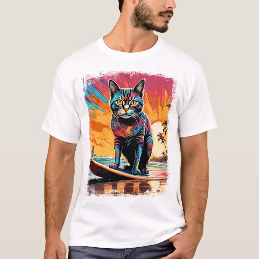 猫サーフィンかわいいカラフル漫画イラストレーション Tシャツ (正面)