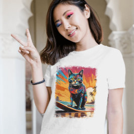 猫サーフィンかわいいカラフル漫画イラストレーション Tシャツ