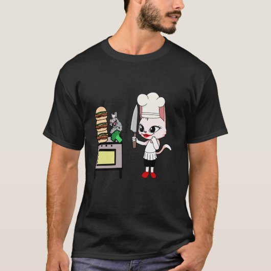 猫シェフおもしろいネズミ猫料理アートシェフ Tシャツ (正面)