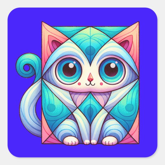 猫スクエアイラストレーションシャツ大きな目の猫 スクエアシール (正面)