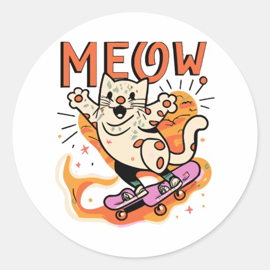 猫スケートニャー ラウンドシール (正面)