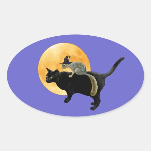 猫ステッカーの魔女リス 楕円形シール (正面)