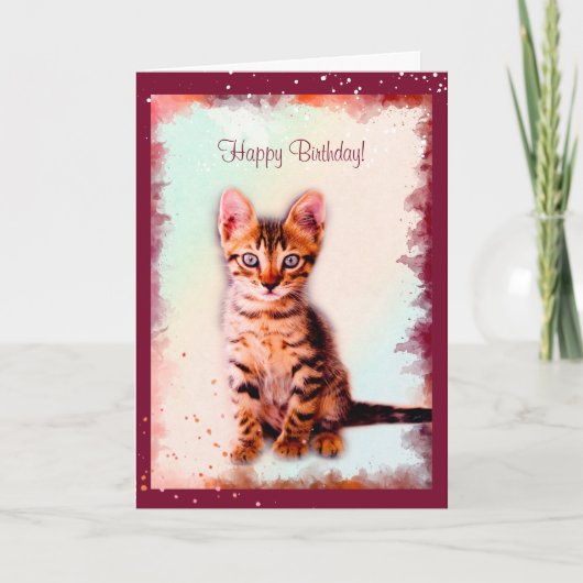 猫ストライプのの水彩誕生日 カード (正面)