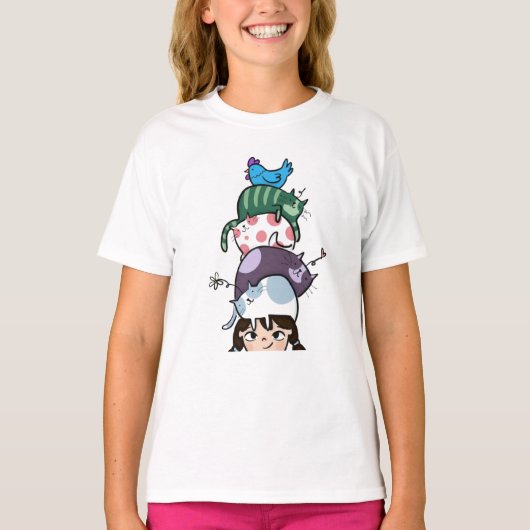 猫タワーライフ かわいい猫の積み重ねアート Tシャツ (正面)