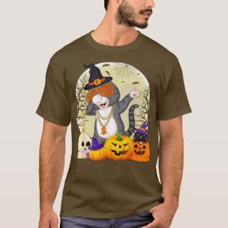 猫ダブおもしろいカボチャ魔女キャットダブハロウィーン Tシャツ