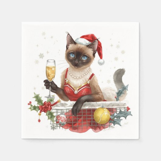 猫テニス選手のクリスマスパーティー スタンダードカクテルナプキン (正面)