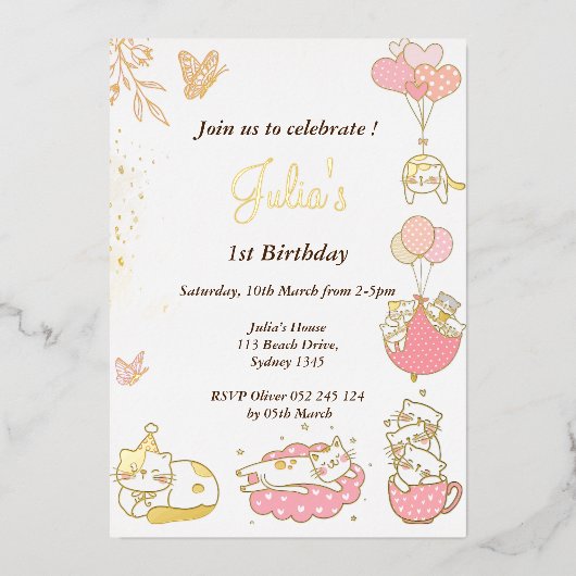 猫テーマベビーガール1歳 箔招待状 (正面)