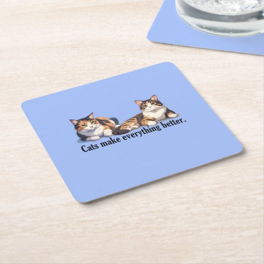 猫テーマ愛らしいライトブルー紙コースター スクエアペーパーコースター (アングル)