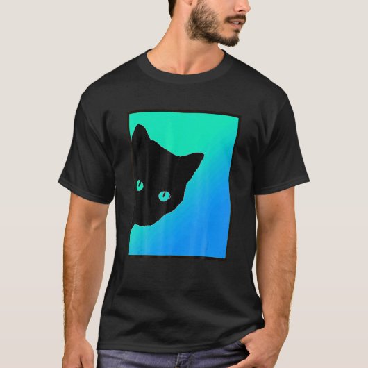 猫デザインのベッド 黒猫 ブルー グリーン Tシャツ (正面)