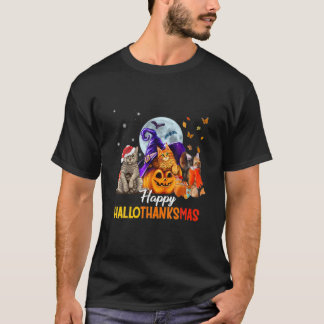 猫ハロウィーンとメリークリスマスハッピーハロサンキュー Tシャツ
