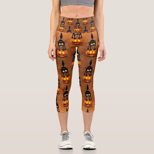 猫ハロウィーン怖いカボチャの漫画 カプリレギンス (正面)