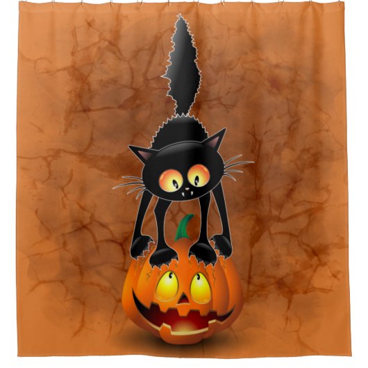 猫ハロウィーン怖いカボチャの漫画 シャワーカーテン (正面)