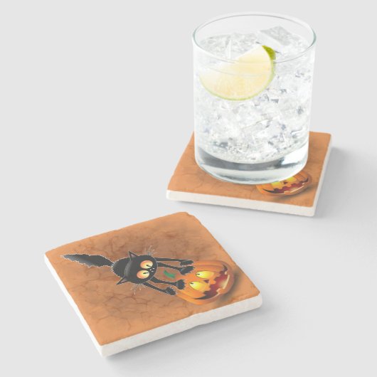 猫ハロウィーン怖いカボチャの漫画 ストーンコースター (横)