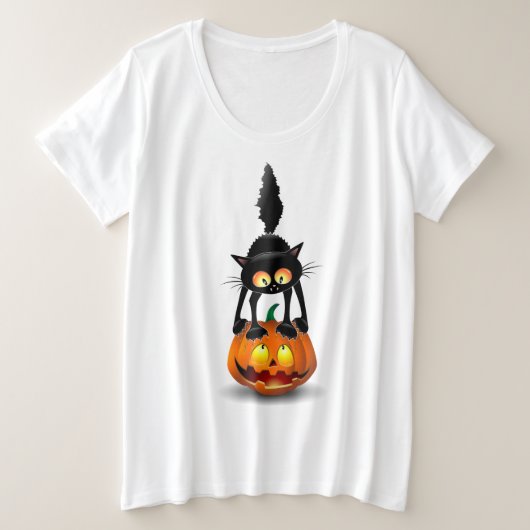 猫ハロウィーン怖いカボチャの漫画 プラスサイズTシャツ (デザイン正面)