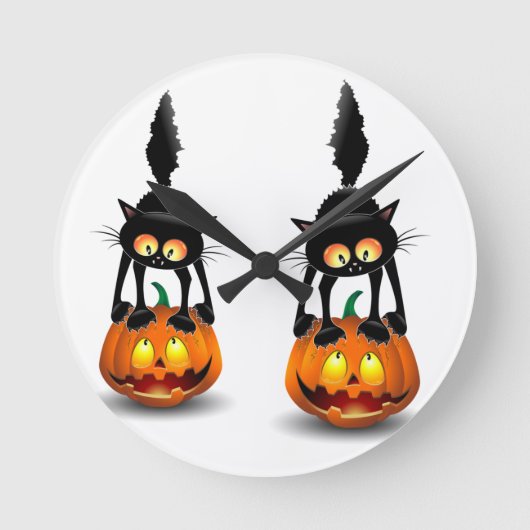 猫ハロウィーン怖いカボチャの漫画 ラウンド壁時計 (正面)