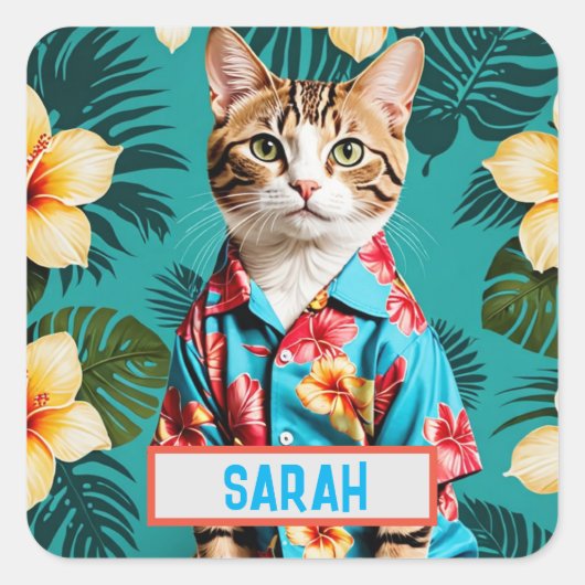 猫ハワイアンシャツシール,猫好き,シール スクエアシール (正面)