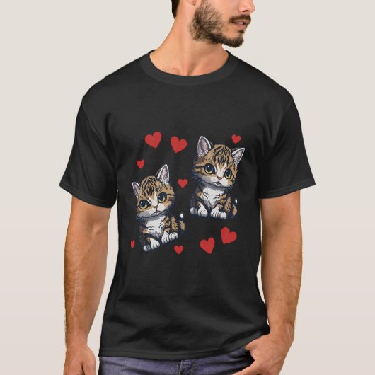 猫ハートズシャツラブキッチンメンズガールズキャットロ Tシャツ (正面)