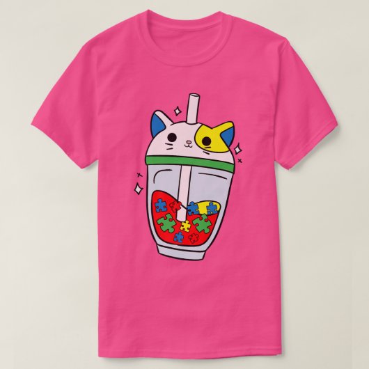 猫バブルティー自閉症意識かわいいパズル作品 Tシャツ (デザイン正面)