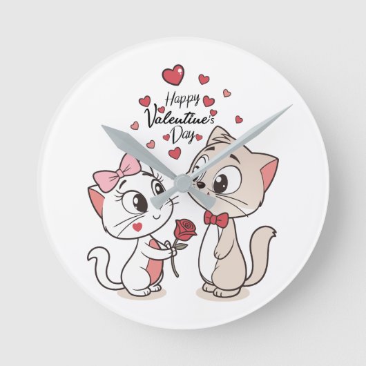 猫バレンタイン10インチラウンドウォールクロック ラウンド壁時計 (正面)